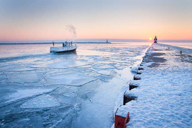 Fishing Boat, Ice, Cold, Winter, Sunrise, Lighthouse, Kewaunee, Lake Michigan