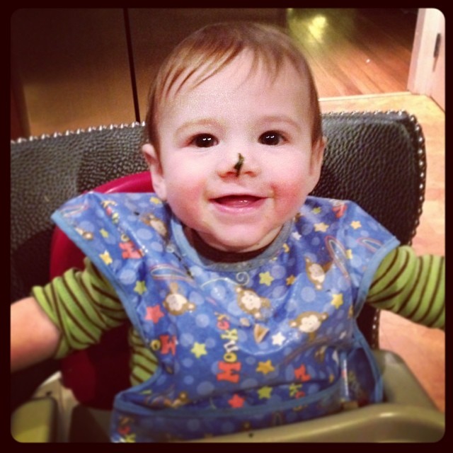 A happy baby w spinach on his noes. OH THE CUTE. #baby #8months #stevensonpartyof5
