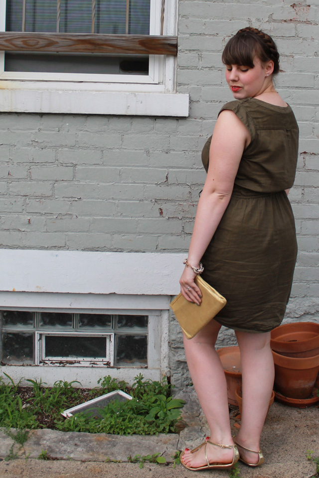 Olive you outfit: olive green military shirt dress "Drawstring Safari Dress" from Anthropologie, gold Dolce Vita  Archer T-strap sandals from Urban Outfitters, vintage gold clutch, maiden braids