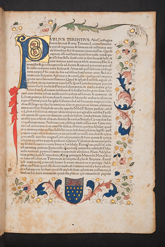 Decorated page with coat of arms in Donatus, Aelius: Commentarius in Terentii Comoedias
