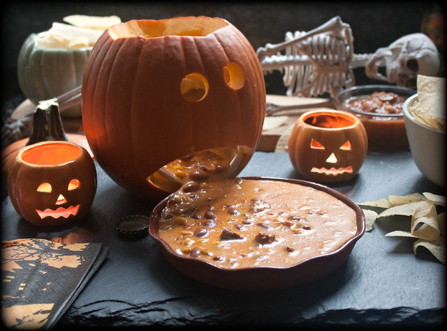 Barfing pumpkin with simple queso chili cheese dip