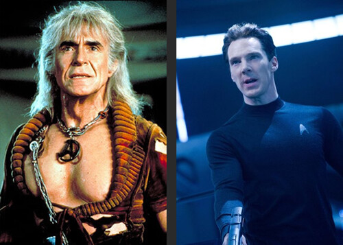 Ricardo Moltoban as Khan in 1982 is on the left. Benedict Cumberbatch as Khan in 2013 is on the right.
