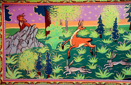 A red fox hiding on a rocky outcropping watches a springbok running with rabbits, decorative painting by Linda Lane, 1983, Anchorage, Alaska, USA by Wonderlane