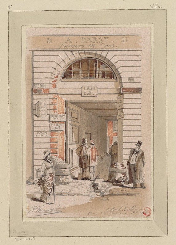 watercolour & pen sketch of 19th century Paris urban scene - people milling about in front of building facade entranceway (paper selling business)