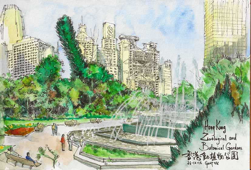 Sketching the skyline at Hong Kong Zoological and Botanical Gardens