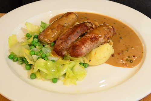 Sausages and Buttered Mash with Peppercorn Sauce