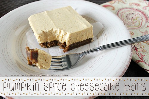 Pumpkin Spice Cheesecake Bar on plate with piece of bar on fork. 