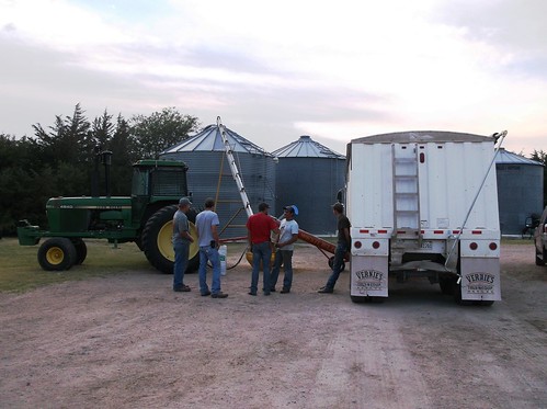 Cody and the crew chatting while they unload the wheat into a grain bin