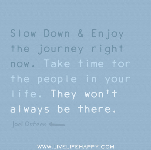 Slow down and enjoy the journey right now. Take time for the people in your life. They won't always be there. - Joel Osteen