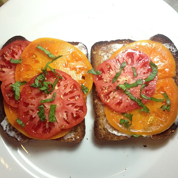 Open face, tomato, #vegan mayo, basil and Himalayan pink salt sandwich.