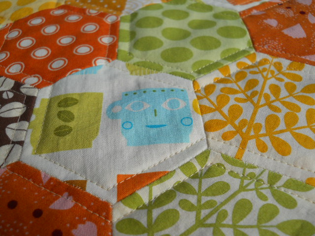 detail, quilting over hexies
