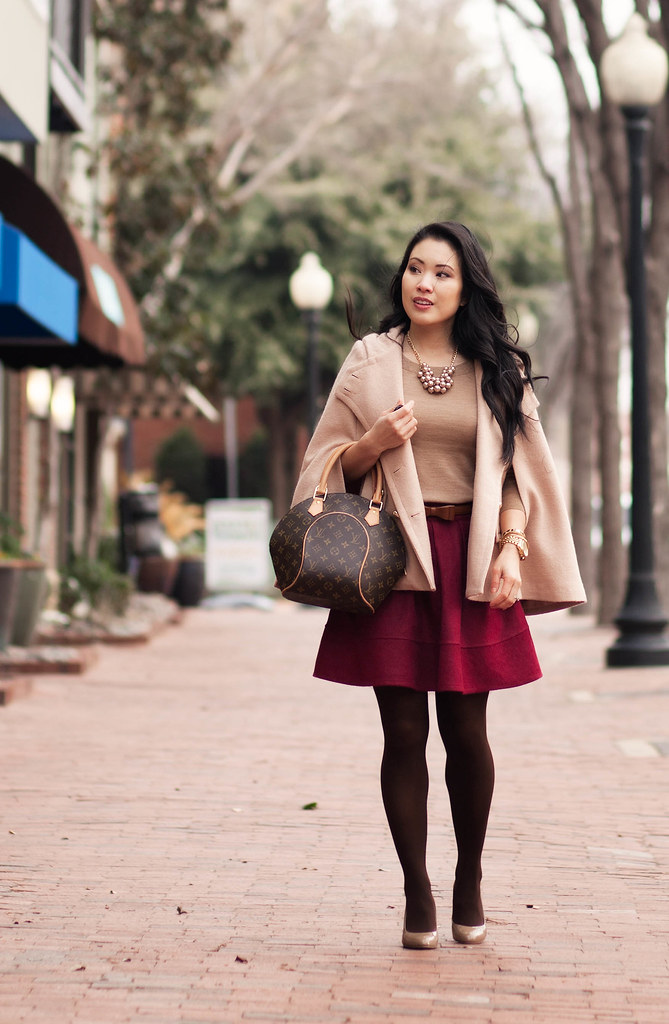cute & little blog | sheinside cape, j. crew sweater, sheinside pleated wine flare skirt, bow belt, brown tights, louis vuitton ellipse | winter cold weather outfit