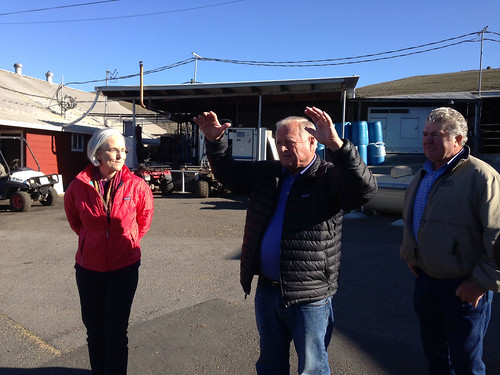 Dairyman Bob Giacomini (center) discusses his dairy operations and the critical need for more rainfall to Deputy Under Secretary Ann Mills and other participants.