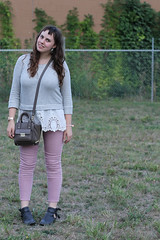 Blush and Lace outfit: rose-colored denim Gap jeans, Jeffery Campbell "Everly" black leather open ankle boots, Phillip Lim for Target bag, Kate Spade polka-dot iPhone case, Anthropologie gray sweatshirt with white lace detail