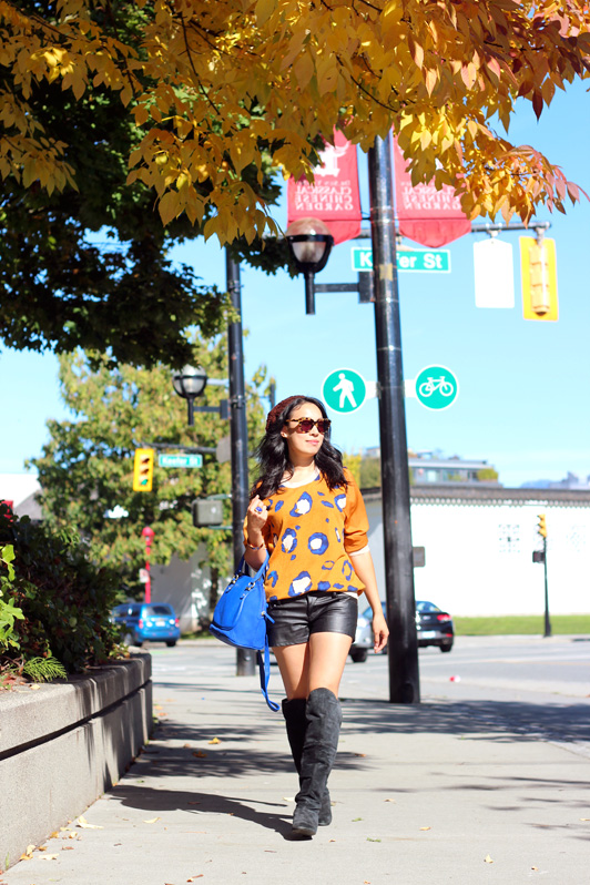 3.1 Phillip Lim for Target leopard print animal sweater, Forever 21 faux leather shorts, Chinese Laundry suede over the knee boots, cobalt Merona satchel bag, Karen Walker Number One Sunglasses. YSL Arty ring, fall, fashion, Vancouver, knit beanie