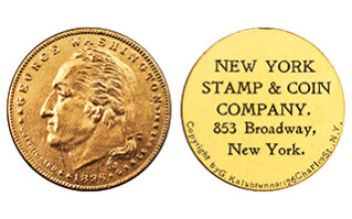 New York Stamp & Coin embossed storecard