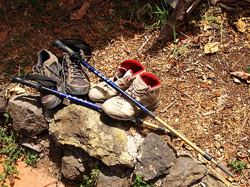 Hiking boots and walking poles