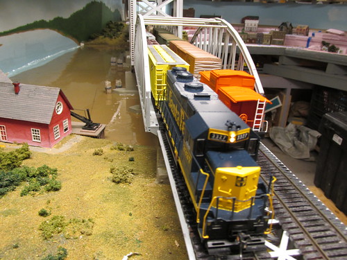 Two freight trains meet on the Missisippi River lift bridge. by Eddie from Chicago