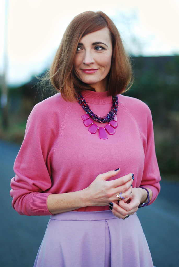 Pink sweater & Radiant Orchid-inspired statement necklace, lilac skirt