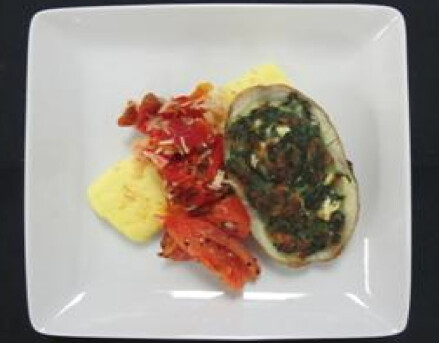 Cheese Omelette, Potato Boat, Blue Crab Sauce, and Oven Roasted Tomatoes