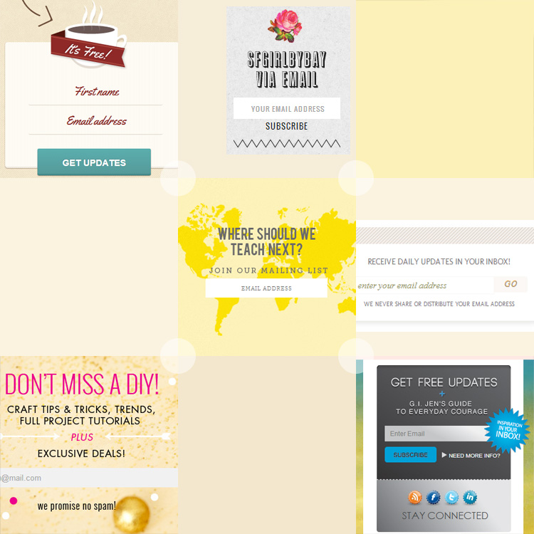 Some pretty cute opt-in and subscribe form inspiration for your blog. See more at http://DesignYourOwnBlog.com