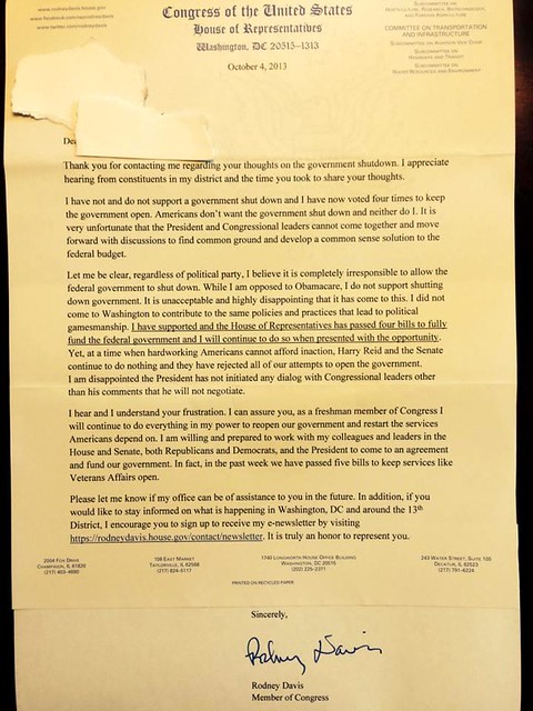 Davis shutdown letter