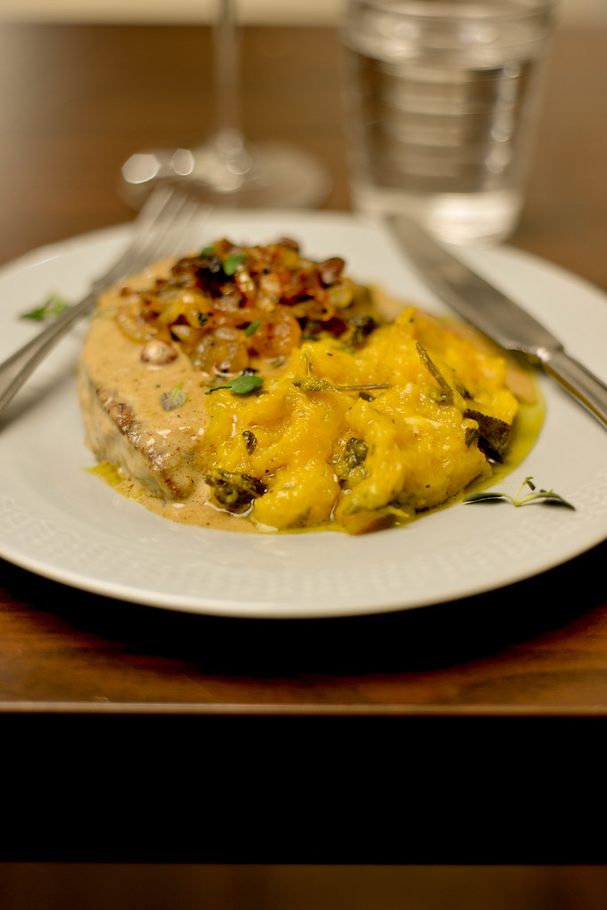 veal liver in cream sauce, caramelized onion, pumpkin mash with sage and garlic