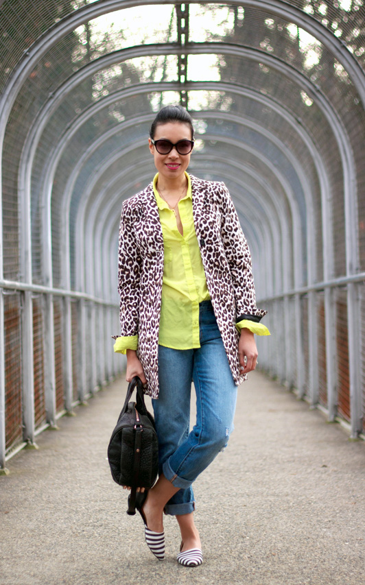 H&M leopard print coat, Old Navy chartreuse neon yellow blouse, Gap distressed boyfriend jeans, Ruche striped d'orsay flats, Marc by Marc Jacobs cat eye sunglasses, Alexander Wang rose gold Rocco bag, Vancouver fashion blogger, fall, winter