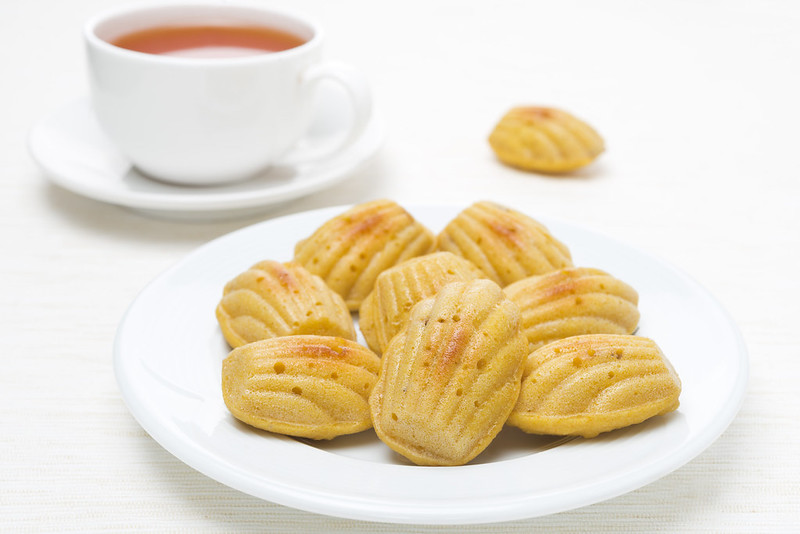   ,   ,  , ,  , corn madeleine cookies with lavender on the plate