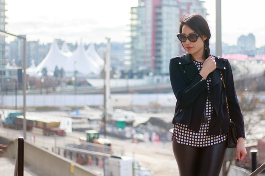 HRH Collection moto jacket, J. Crew tipped windowpane silk tee, Aritzia Wilfred Free Daria faux leather leggings, Jimmy Choo Vamp sandals, Chanel 2.55 bag, Prada Minimal Baroque sunglasses, HRH Collection Gilded Girl ring, Vancouver, fashion, style, blogger