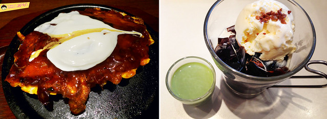 okonomiyaki and green tea coffee jelly affogato