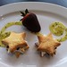 Kiwi s’mores, almond cookies, marshmallow, chocolate & kiwifruit coulis