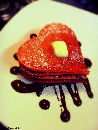 Homemade Red Velvet Valentines Day Heart Pancakes with Chocolate Sauce