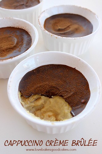 Cappuccino Crème Brûlée in white bowls with piece removed.