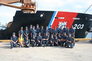 Coast Guard Cutter Kukui hosted more than 25 cadets from the Battleship Missouri Hawaii Division and Training Ship Barbers Point. While aboard, the cadets, ranging from ages 11 to 17, learned about the missions of the U.S. Coast Guard and toured Coast Guard Cutters Kukui and Rush.  The cadets also learned about firefighting, donned fire protective garments, and practiced patching ruptured pipes. U.S. Coast Guard photo by Ensign Julia Kane.