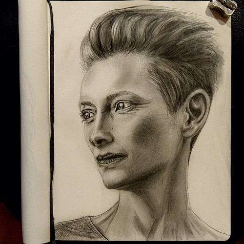 Tonight's #sketch of @nottildaswinton was made in 3 different airports and caught the attention of the TSA (in a good way).  #TildaSwinton #moleskine #sketchbook #art #drawing #draw #graphite #pencil #portrait #face #actress #artist #woman #girl #shorthai