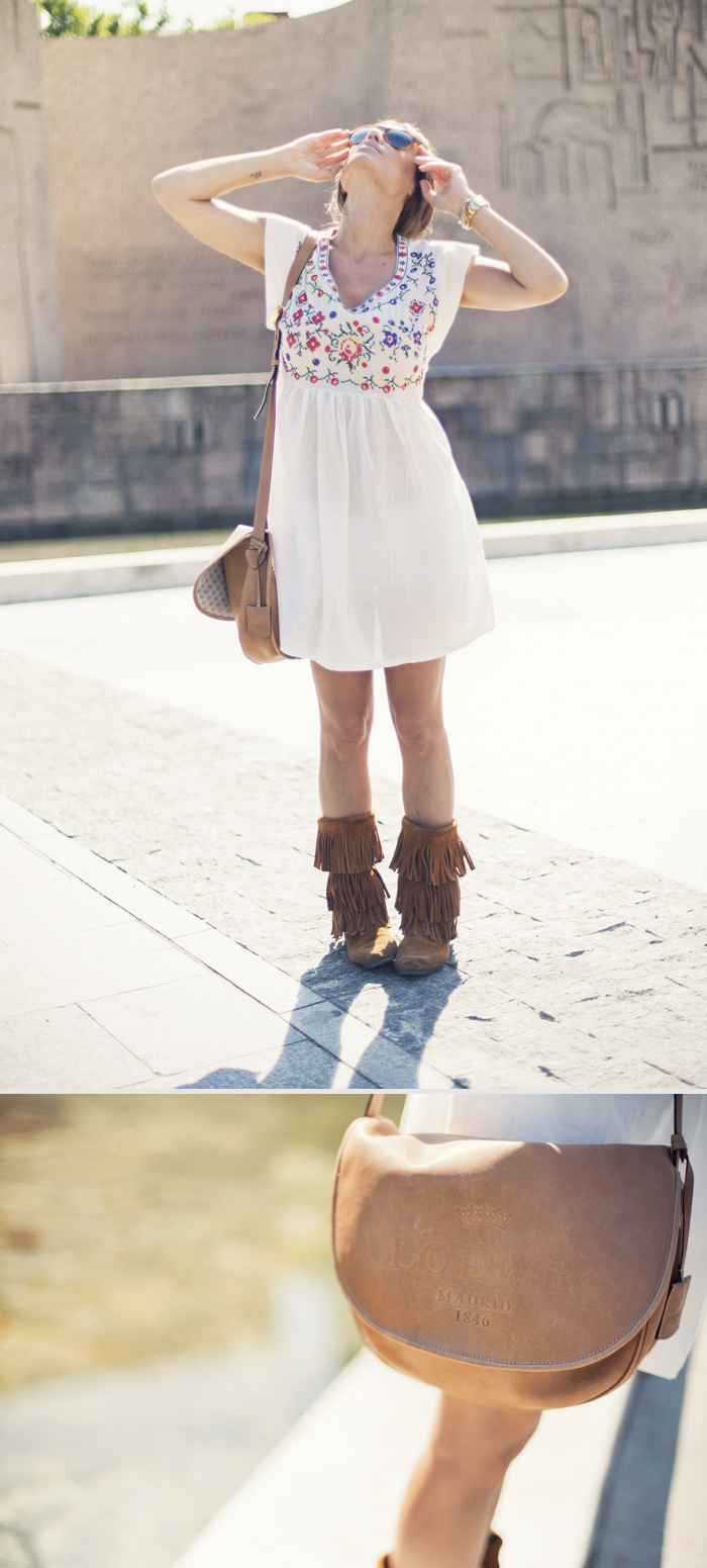 street style barbara crespo sun flare sheinside dress minnetonka boots outfit
