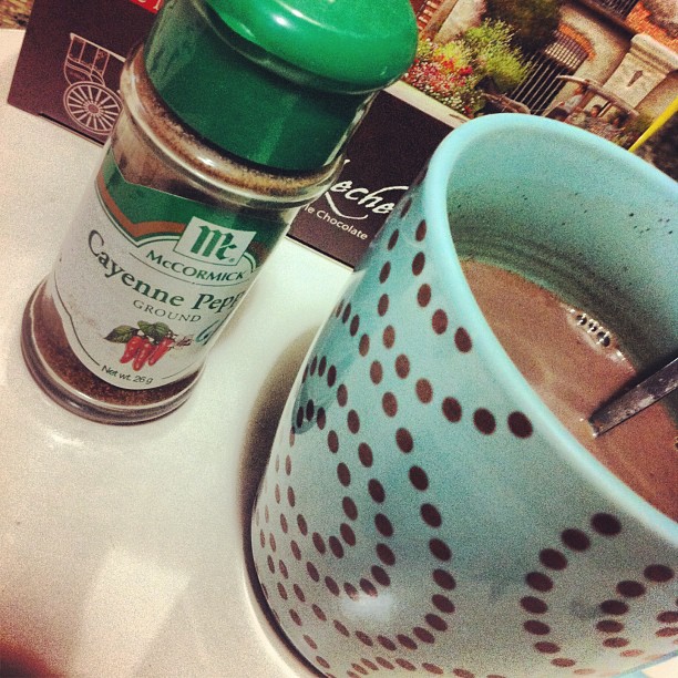 Put cayenne pepper in your hot choco for a little kick! Thanks for the tip, Kitchen Cow! Spicy hot chocolate yumminess.