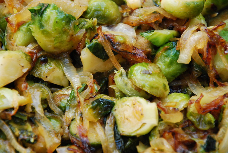 sweet caramelized onions and brussels sprouts