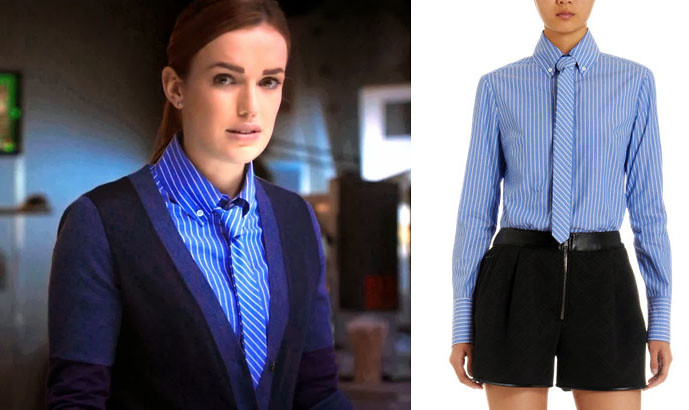 SHIELD's Agent Simmons wearing a Marissa Webb striped blouse & matching tie