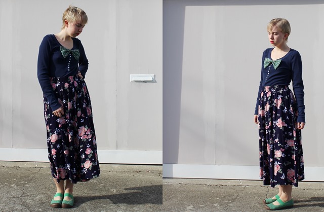 Green Floral Bow, Navy Blue Long Sleeves, Vintage Rose Pattern Maxi Skirt