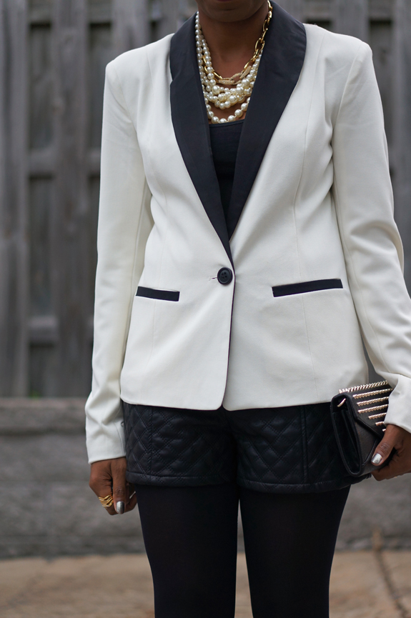 Forever 21 Faux Leather Quilted Shorts, JCrew factory multistrand pearl necklace, tuxedo jacket 1