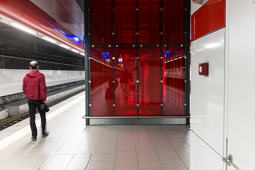 This scene at the Brussels airport train station is all about the color. Shooting JPEG plus RAW meant I had the color data available to me even though I had the camera set to monochrome.