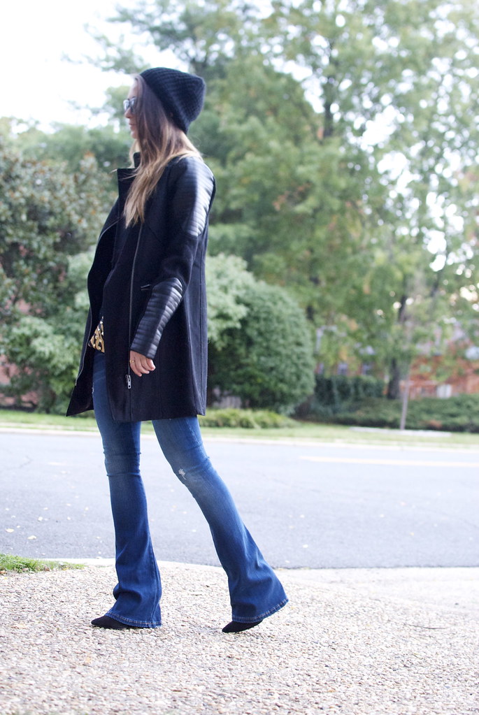 easy fall look, winter coat, leather coat, biker coat, black coat, flare jeans, crop sweater, cropped, crop top, the fashionably broke, dc blog, blogger, style blogger, washington dc