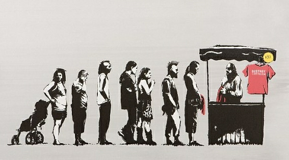 Banksy's destroy capitalism print has a line of people lining up to buy a red shirt that says "destroy capitalism"