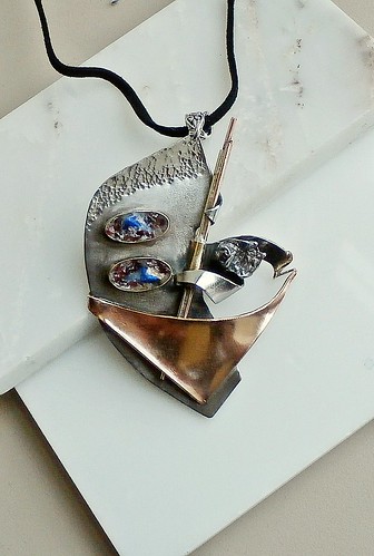 pendant stainless steel, copper, brass, meteorite campo del cielo, garnet pieces, raw Lapis lazuli size3x2.5in by Wolfgang Schweizer