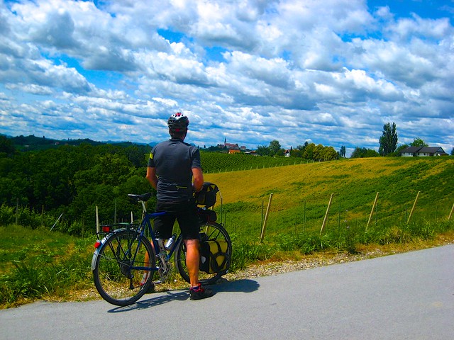 Stop to look at Svetinje; Bicycle travel in Jeruzalem Slovenia; two wheel travel