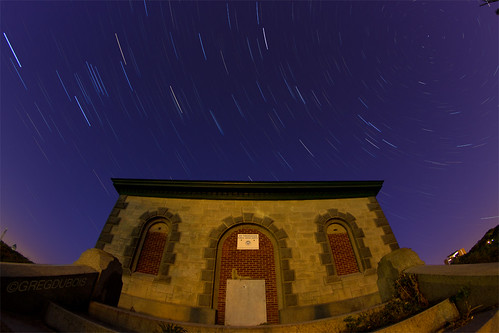 Star Trails and North Star over the Pump House at Chestnut Hill Reservoir, Cleveland Circle by Greg DuBois Photo