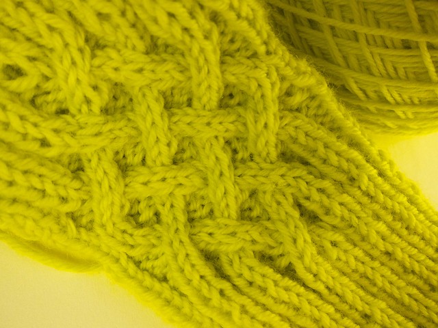 Knotty cabled gloves in progress (in chartreuse merino sock yarn)
