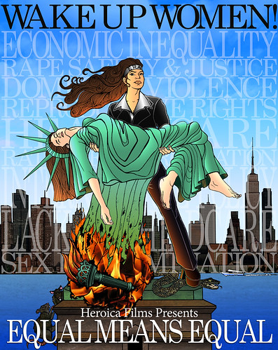 The poster for Equal Means Equal, in which a woman in a suit is rescuing the statue of liberty